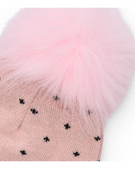 Pink knitted hat for girl with pompom and face design.