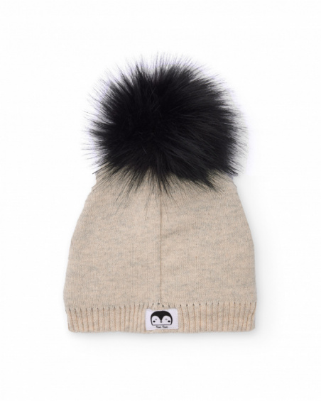 Knit hat for baby boy in beige with penguin design and black pom-pom