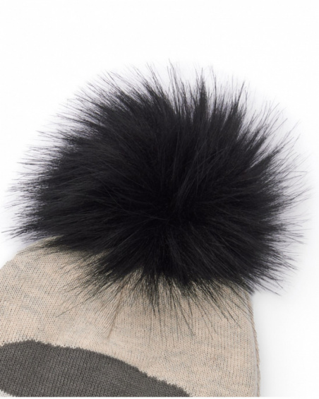 Knit hat for baby boy in beige with penguin design and black pom-pom