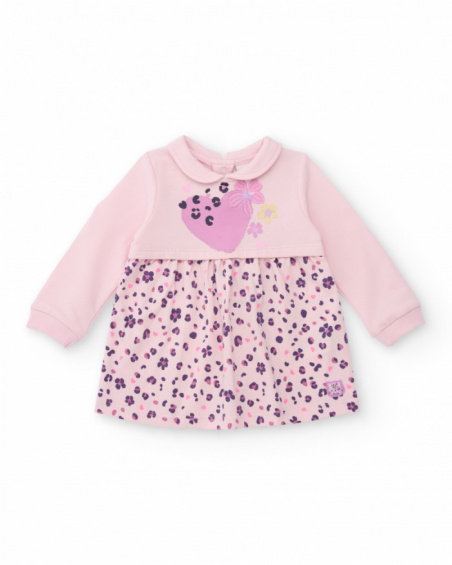 Knit dress for girl in pink with heart and flower print. Knit dress for girl in pink with heart and flower print.