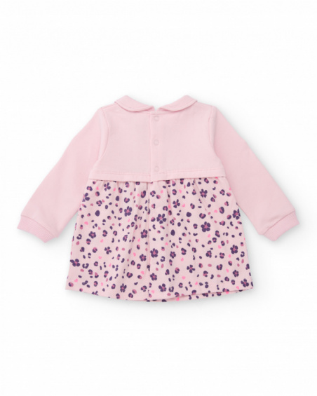 Knit dress for girl in pink with heart and flower print. Knit dress for girl in pink with heart and flower print.