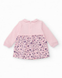 Knit dress for girl in pink with heart and flower print. Knit dress for girl in pink with heart and flower print.