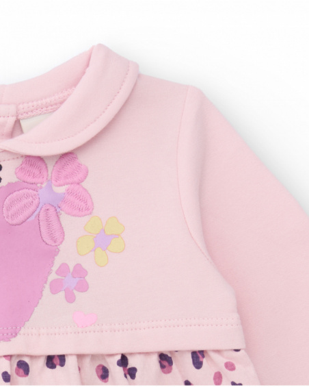 Knit dress for girl in pink with heart and flower print. Knit dress for girl in pink with heart and flower print.