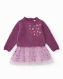Knitted and tulle dress for girl in purple tones with floral print. Knitted and tulle dress for girl in purple tones with floral print.