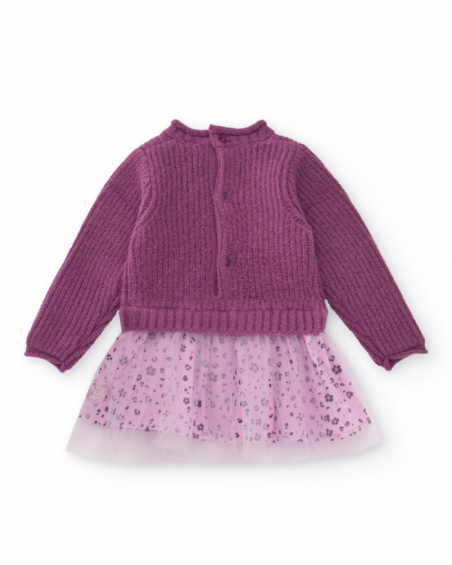 Knitted and tulle dress for girl in purple tones with floral print. Knitted and tulle dress for girl in purple tones with floral print.