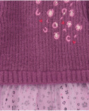 Knitted and tulle dress for girl in purple tones with floral print. Knitted and tulle dress for girl in purple tones with floral print.