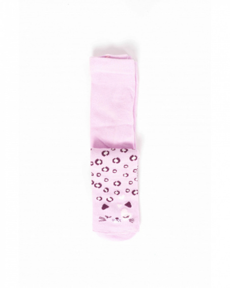 Knit tights for girls in lilac color with animal print and kitten face design Knit tights for girls in lilac color with animal print and kitten face design