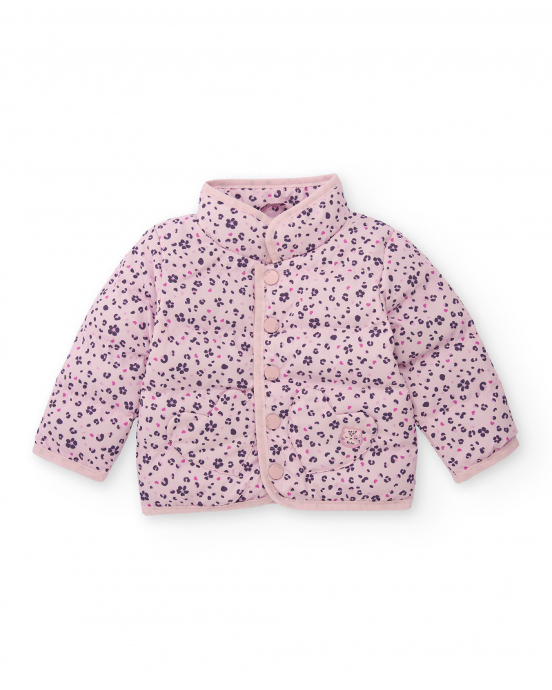 Quilted parka for newborn in pink with flowers and hearts print