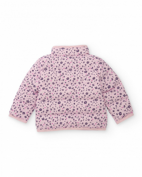 Padded parka for girls in pink color with floral and heart print Padded parka for girls in pink color with floral and heart print