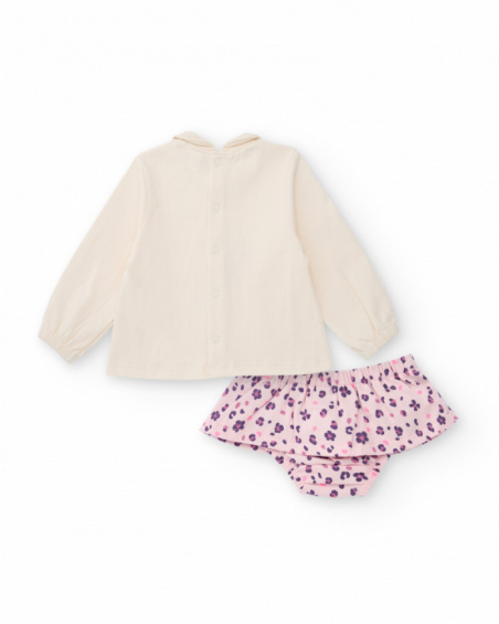 Girl’s outfit with ivory blouse featuring heart print and floral print bloomer shorts. Girl’s outfit with ivory blouse featuring heart print and floral print bloomer shorts.