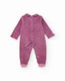 Fleece romper for newborn in purple with cat face design.