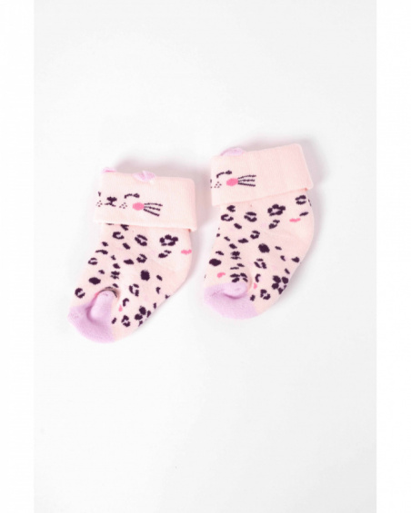 Knit socks for baby girls in pink with a face design and animal print