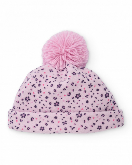 Pink baby girl hat with floral print and pom-pom
