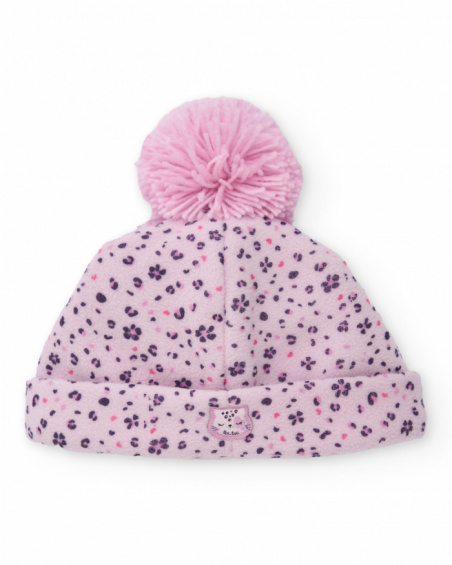 Pink baby girl hat with floral print and pom-pom