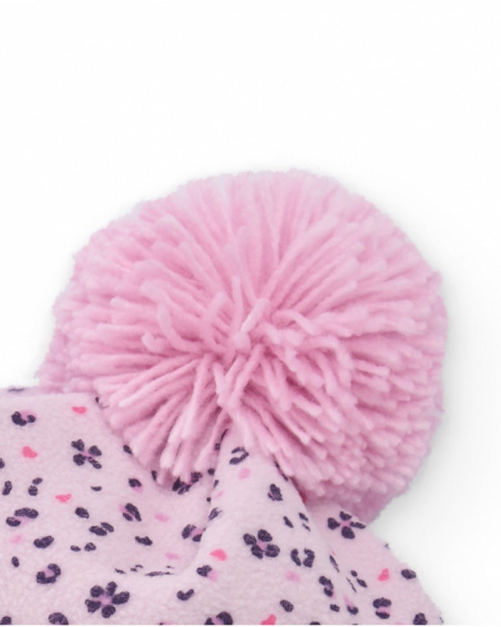 Pink baby girl hat with floral print and pom-pom