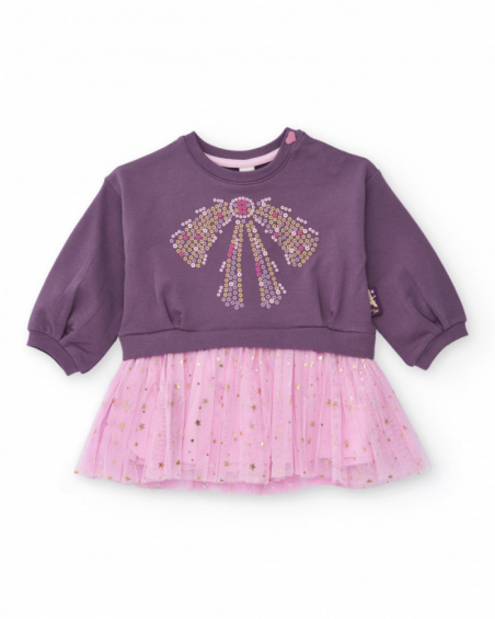 Purple dress for girls with a pink tulle skirt and golden star details Purple dress for girls with a pink tulle skirt and golden star details