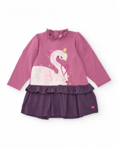 Knit dress for girls in pink with a purple skirt and swan print