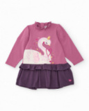 Knit dress for girls in pink with a purple skirt and swan print Knit dress for girls in pink with a purple skirt and swan print