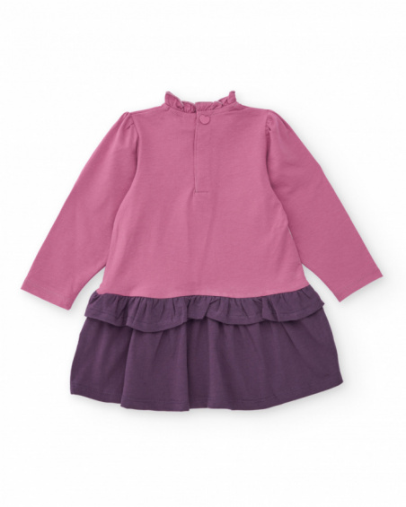 Knit dress for girls in pink with a purple skirt and swan print
