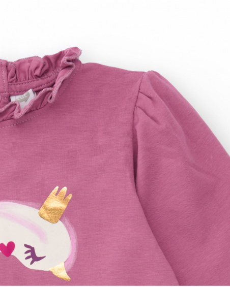 Knit dress for girls in pink with a purple skirt and swan print