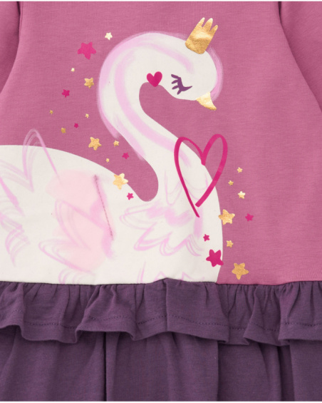 Knit dress for girls in pink with a purple skirt and swan print
