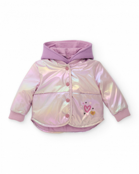 Shiny pink metallic-effect parka with hood for girls