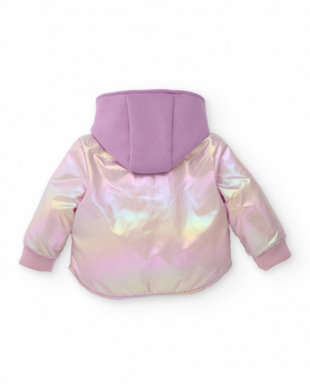 Shiny pink metallic-effect parka with hood for girls