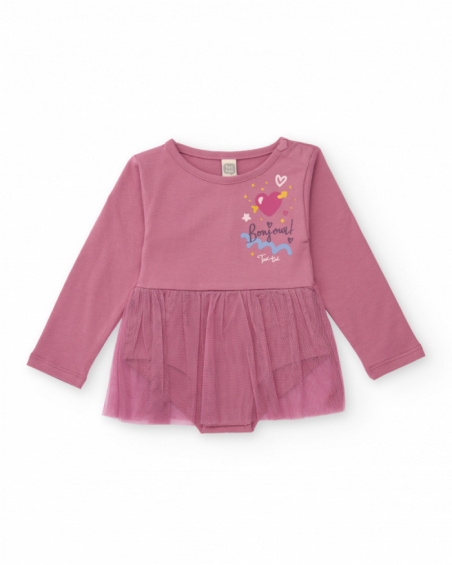 Dress-style bodysuit for baby girls in lilac with a tulle skirt and front print of hearts and stars.