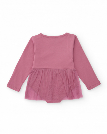 Dress-style bodysuit for baby girls in lilac with a tulle skirt and front print of hearts and stars.