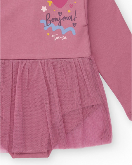 Dress-style bodysuit for baby girls in lilac with a tulle skirt and front print of hearts and stars.
