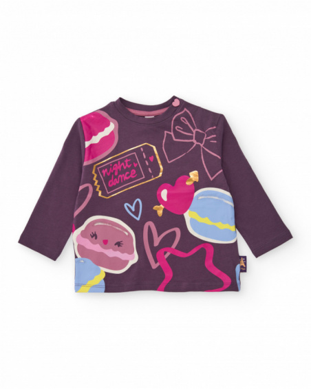 Purple t-shirt for baby girls with colorful print and shiny details, ideal for a fun and comfy look.
