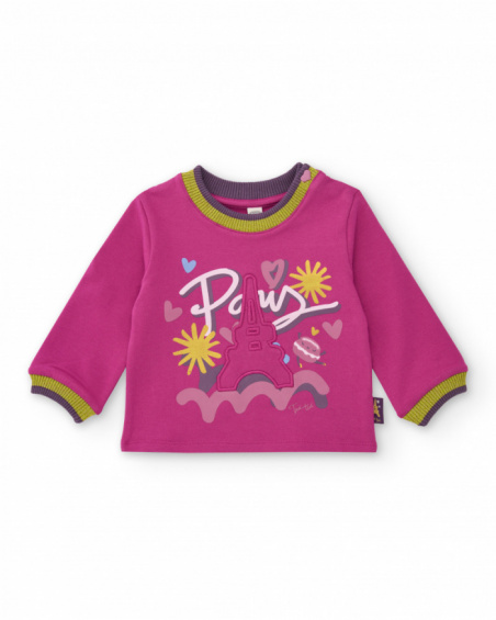 Knit sweatshirt for girls in fuchsia with Eiffel Tower print. Knit sweatshirt for girls in fuchsia with Eiffel Tower print.