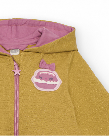 Sweatshirt for girls in mustard color with macaron detail. Sweatshirt for girls in mustard color with macaron detail.
