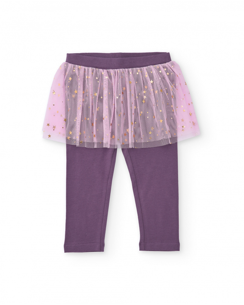 Leggings for girls in purple with a pink tulle skirt and star details.