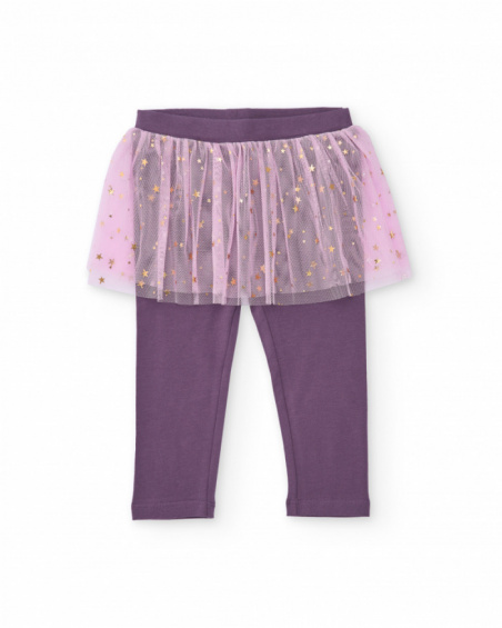 Leggings for girls in purple with a pink tulle skirt and star details.