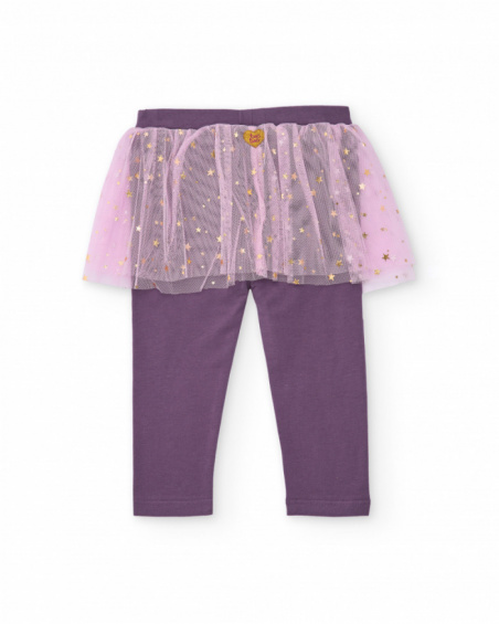 Leggings for girls in purple with a pink tulle skirt and star details.