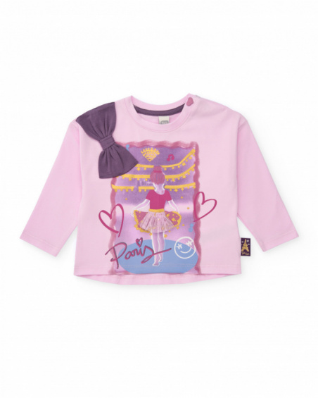T-shirt for girls in pink with ballerina print and decorative bow. T-shirt for girls in pink with ballerina print and decorative bow.