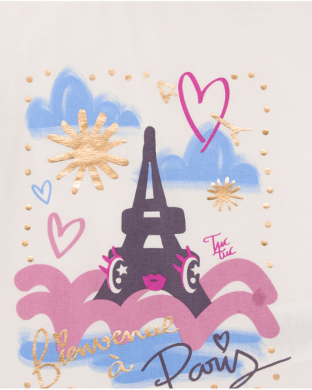 T-shirt for girls in ivory color with Eiffel Tower print and golden details. T-shirt for girls in ivory color with Eiffel Tower print and golden details.
