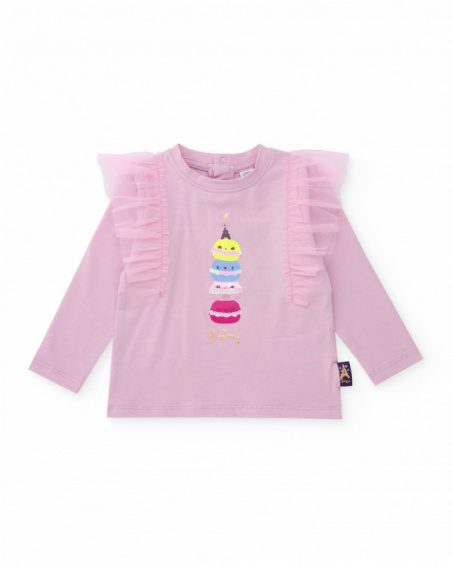 Knit t-shirt for girls in pink with macaron print. Knit t-shirt for girls in pink with macaron print.