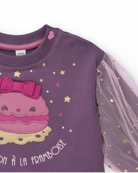 Knit blouse for girls in purple with printed tulle sleeves. Knit blouse for girls in purple with printed tulle sleeves.