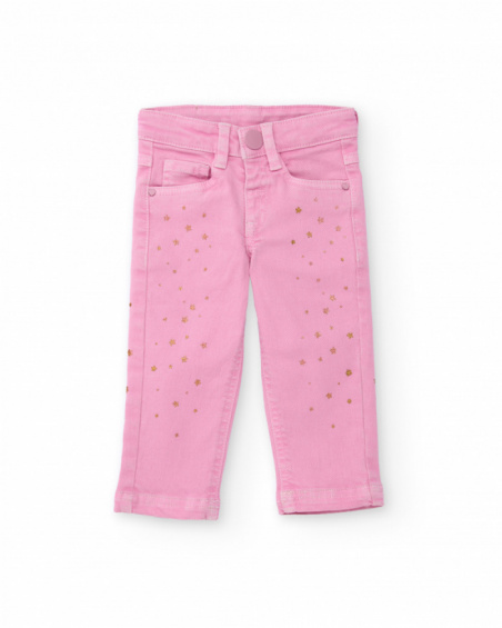Long stretch twill pants for girls in pink with a golden star print. Long stretch twill pants for girls in pink with a golden star print.