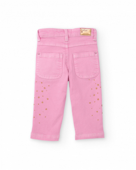 Long stretch twill pants for girls in pink with a golden star print. Long stretch twill pants for girls in pink with a golden star print.