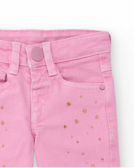 Long stretch twill pants for girls in pink with a golden star print. Long stretch twill pants for girls in pink with a golden star print.