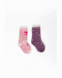 Set of two pairs of socks for girls in pink and purple tones with fun designs. Set of two pairs of socks for girls in pink and purple tones with fun designs.