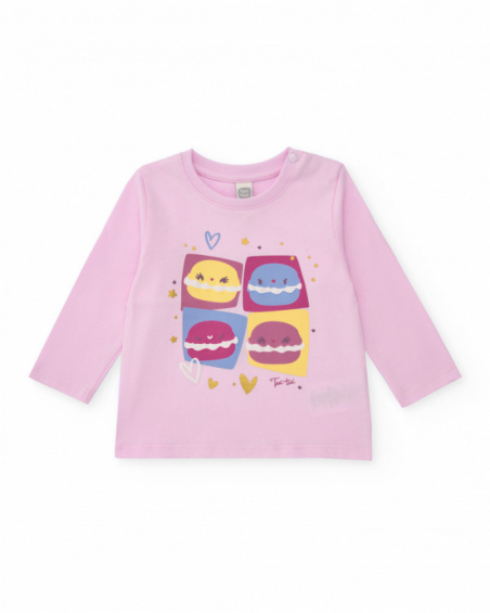 Knit pajamas for girls in pink with macaron print.