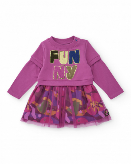 Knit dress for girls in magenta with printed tulle skirt.