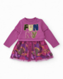 Knit dress for girls in magenta with printed tulle skirt. Knit dress for girls in magenta with printed tulle skirt.