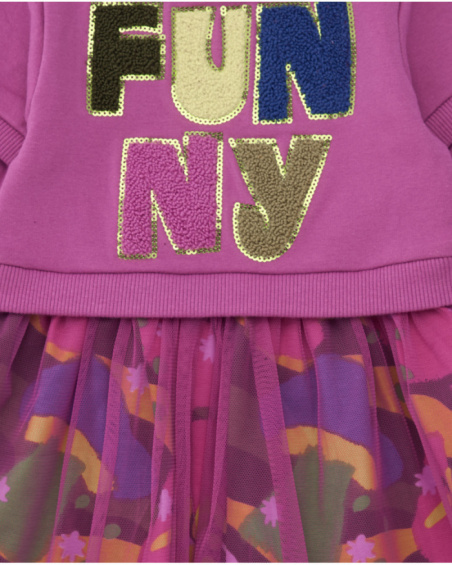 Knit dress for girls in magenta with printed tulle skirt.