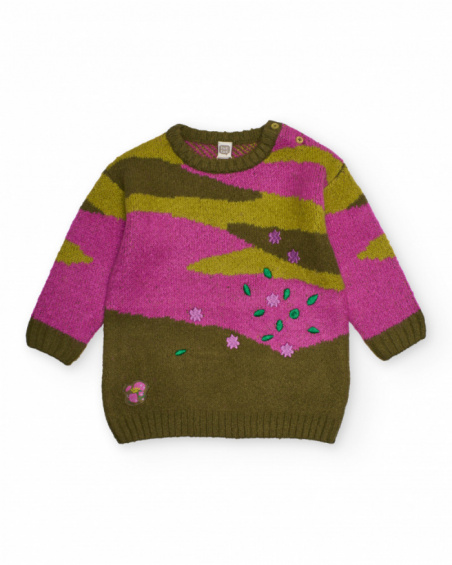 Knit sweater for girls in olive green and fuchsia with embroidered floral details.