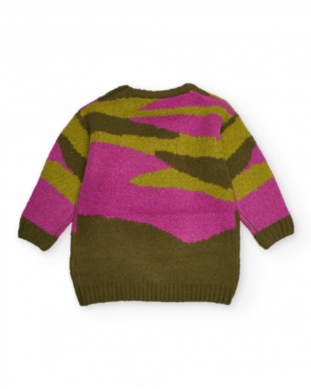 Knit sweater for girls in olive green and fuchsia with embroidered floral details.